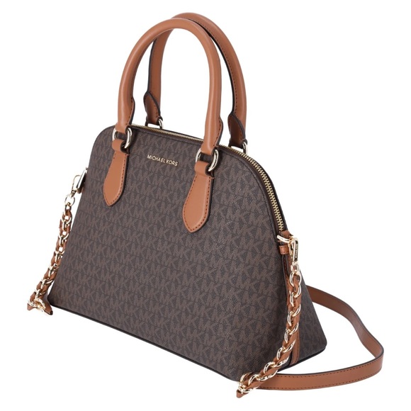 Michael Kors Veronica Medium Logo Dome Satchel Brown MK Signature Logo Acorn - Picture 8 of 8